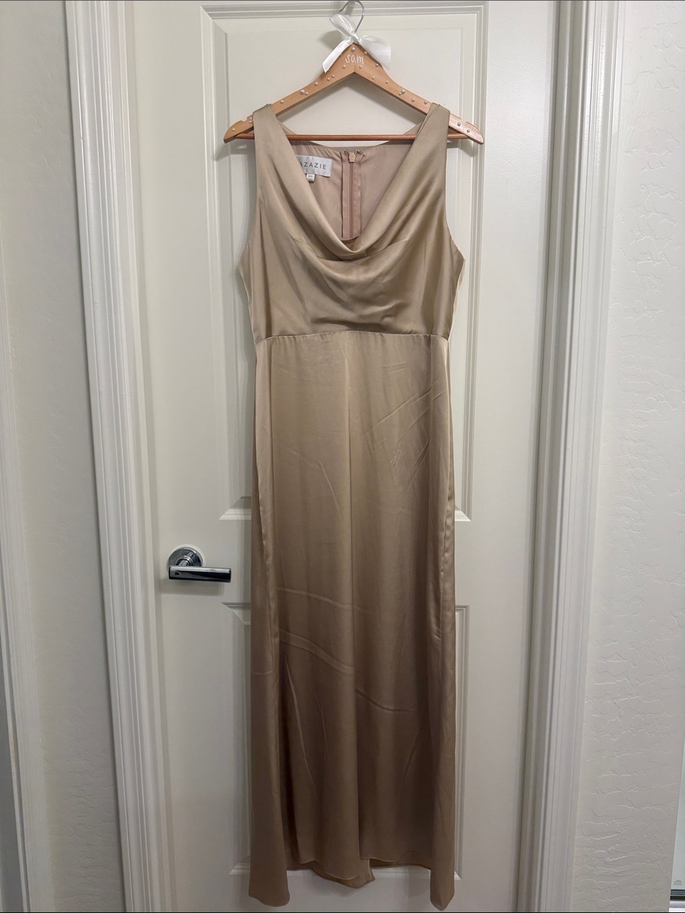 Azazie Champagne Satin Cowl Neck Maxi Dress